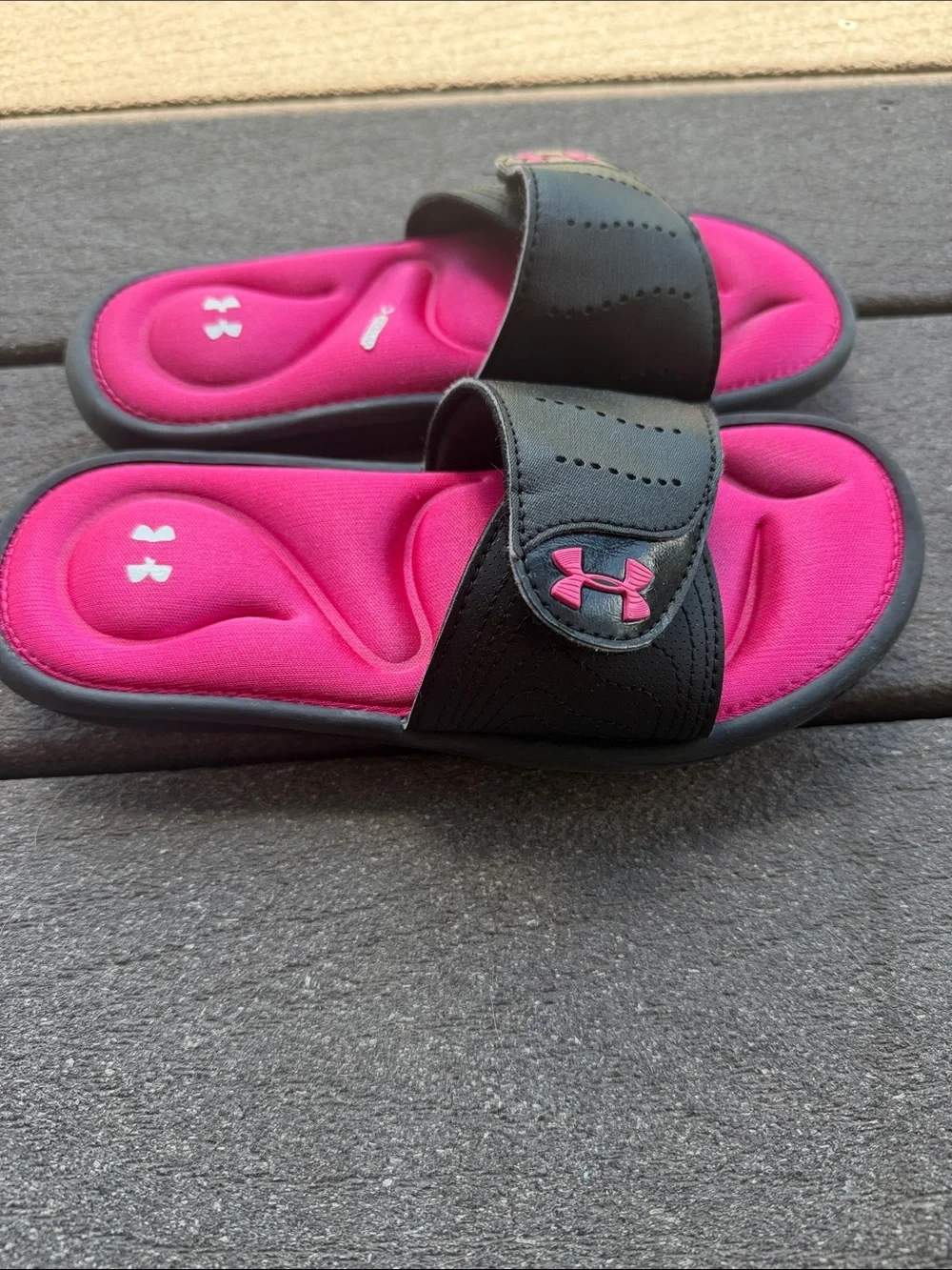 Under Armour Kids Black Slides with Bright Pink Footbed